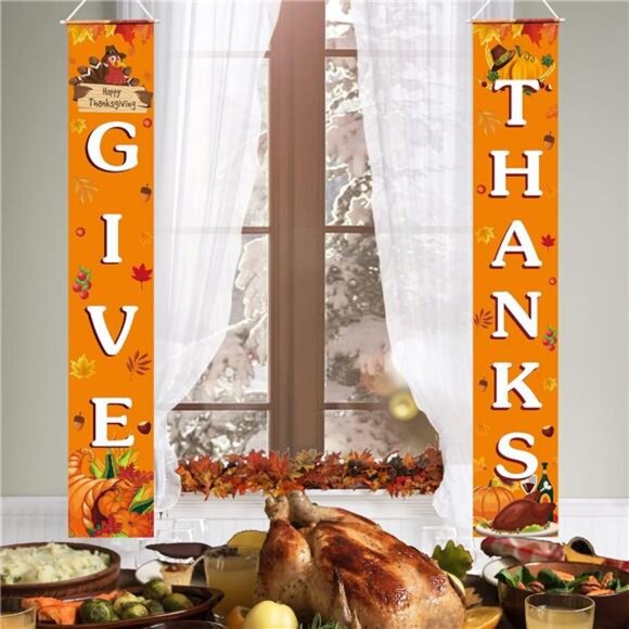 GIVE THANKS Banner Porch Door Sign Autumn Fall Welcome Banner For Indoor Outdoor - Picture 4 of 8